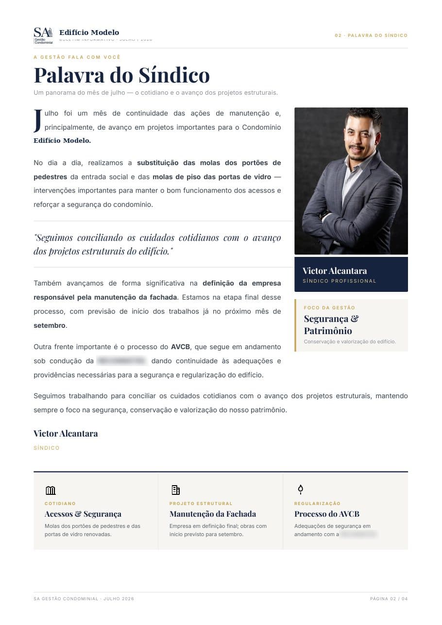 Boletim informativo, página 2: Palavra do síndico
